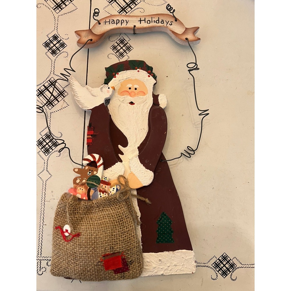 Primitive Wood Metal Santa Wall Hang 15 Inches Tall Hand Painted Christmas Toys